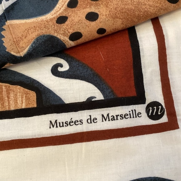 French kitchen tablecloth Fish on a plate Cotton blue/rust/White Made in France - Picture 6 of 7